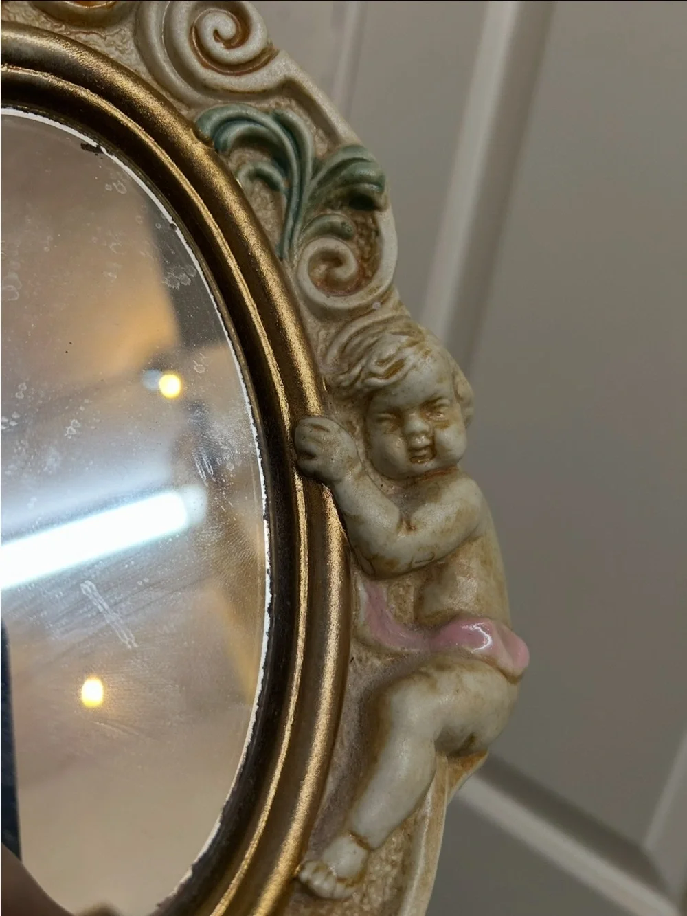 Small Ornate Cherub Tabletop Mirror in Cream and Gold